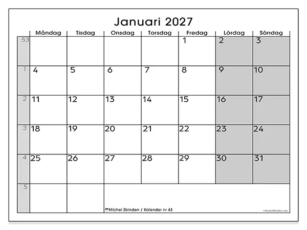 Januari 2027 månadskalender att skriva ut - Enkel översikt