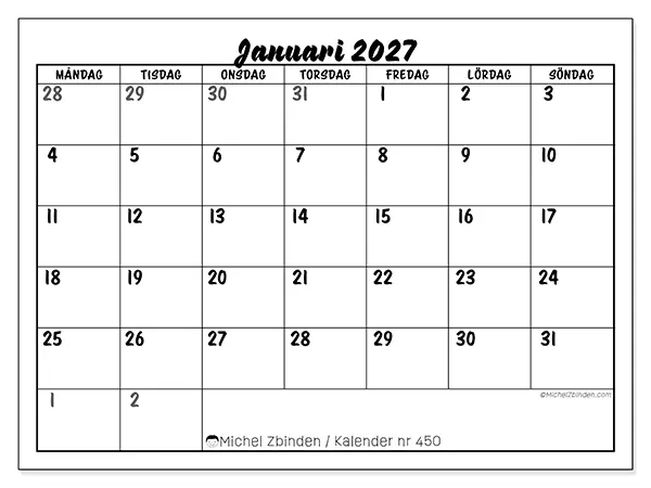 Januari 2027 månadskalender att skriva ut - Detaljerad organisering