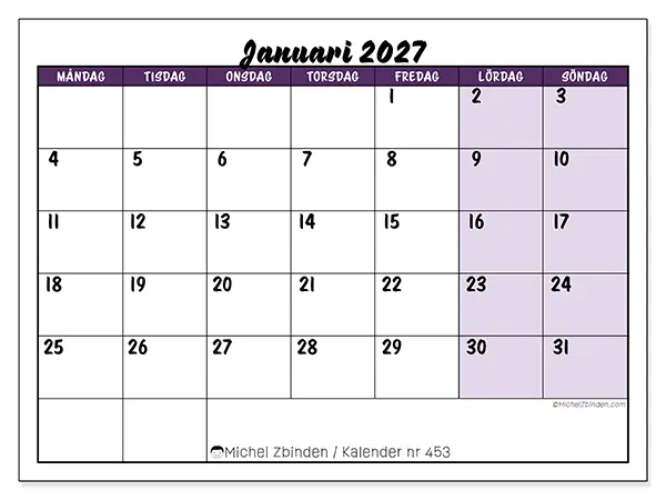Januari 2027 månadskalender att skriva ut - Färgglada uppgifter