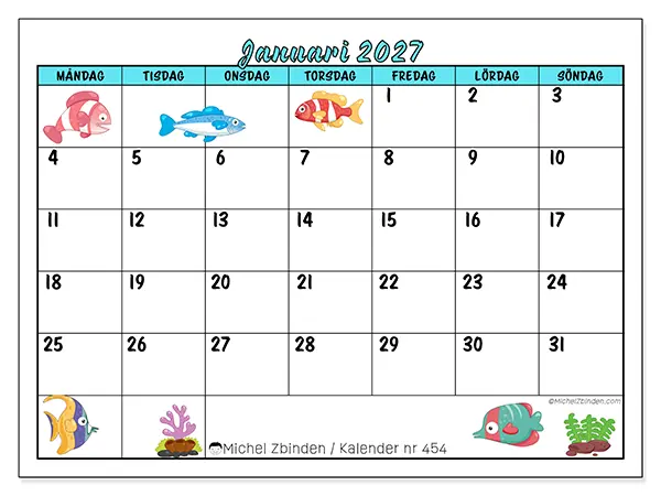 Januari 2027 månadskalender att skriva ut - Färgglada fiskar