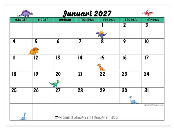 Januari 2027 månadskalender att skriva ut - Små dinosaurier
