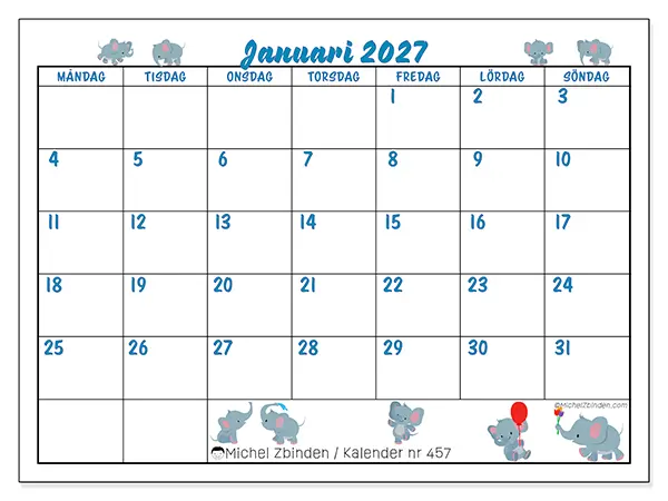 Januari 2027 månadskalender att skriva ut - Små elefanter