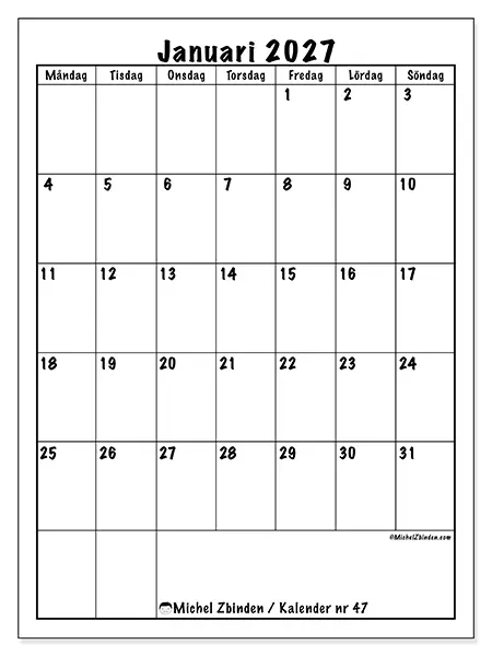 Januari 2027 månadskalender att skriva ut - Tydlig planering