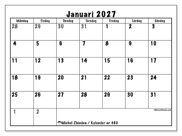 Januari 2027 månadskalender att skriva ut - Fullständig planering