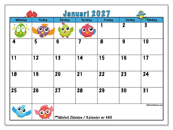Januari 2027 månadskalender att skriva ut - Fåglar