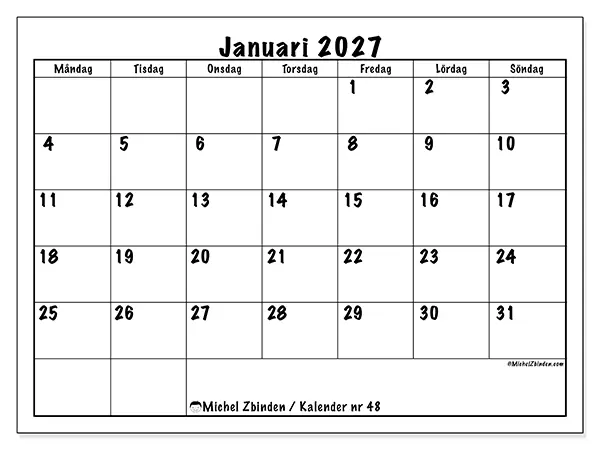 Januari 2027 månadskalender att skriva ut - Daglig planering