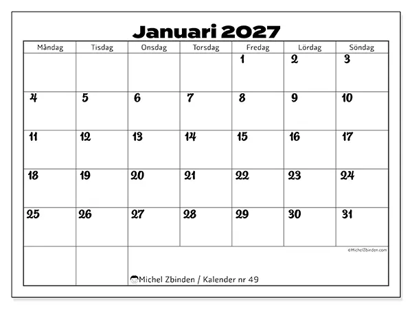 Januari 2027 månadskalender att skriva ut - Samordning för arbete