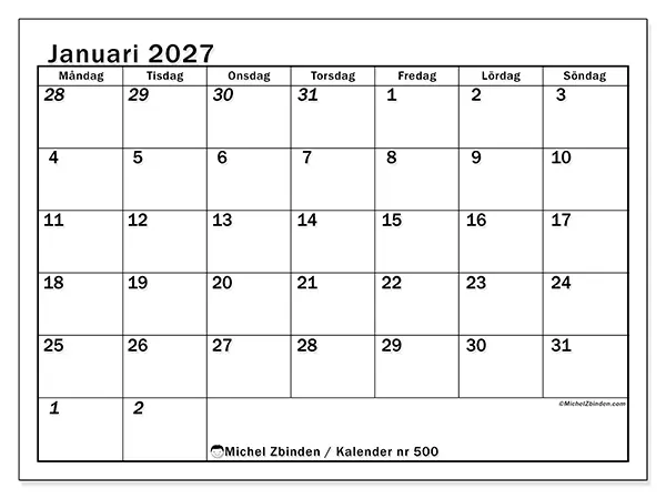 Januari 2027 månadskalender att skriva ut - Intensiv planering