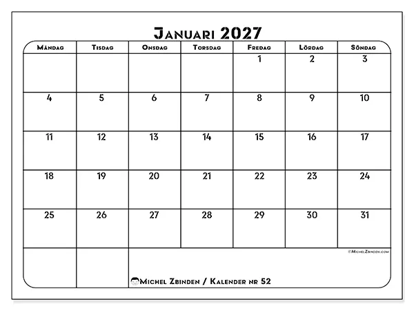 Januari 2027 månadskalender att skriva ut - Professionell organisering