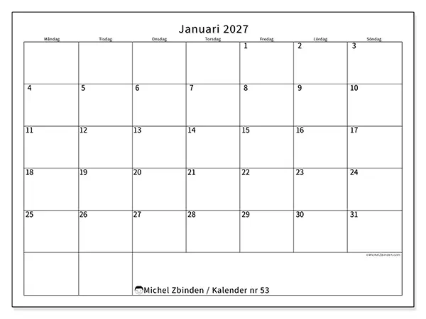 Januari 2027 månadskalender att skriva ut - Tydligt schema