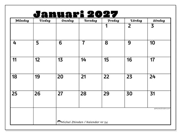 Januari 2027 månadskalender att skriva ut - Familjeaktiviteter