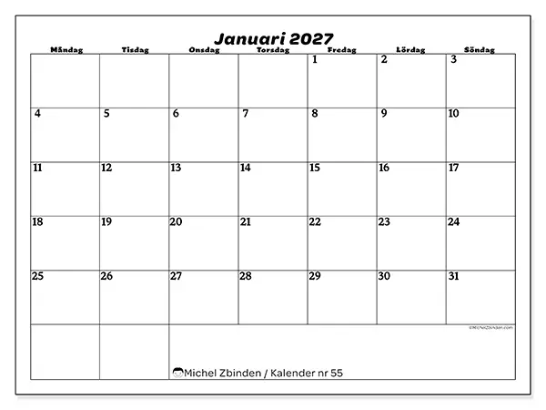 Januari 2027 månadskalender att skriva ut - Organisering av fritid