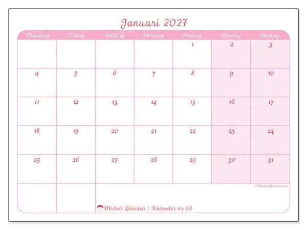 Januari 2027 månadskalender att skriva ut - Mjuk organisering
