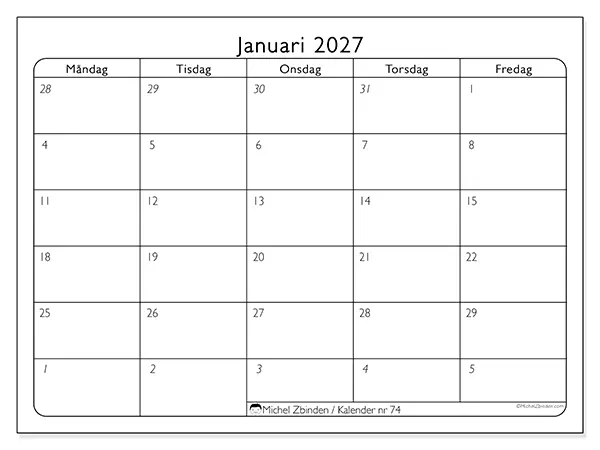 Januari 2027 månadskalender att skriva ut - Arbetsorganisering