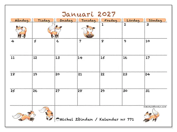 Januari 2027 månadskalender att skriva ut - Rävteckningar