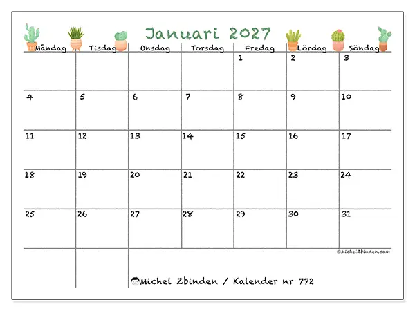 Januari 2027 månadskalender att skriva ut - Dekorativa kaktusar