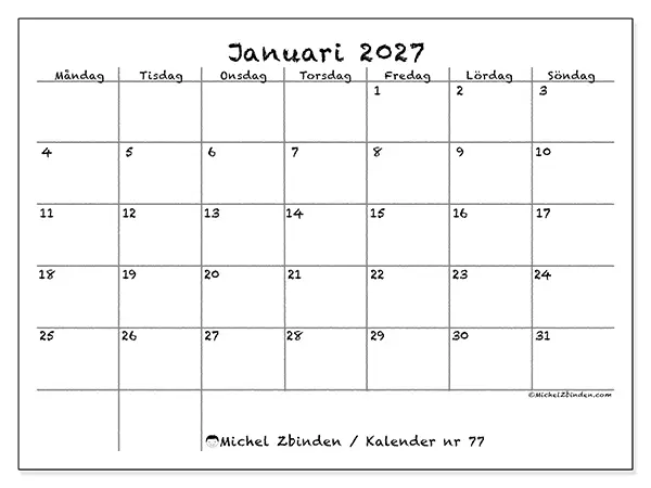 Januari 2027 månadskalender att skriva ut - Skola och familj
