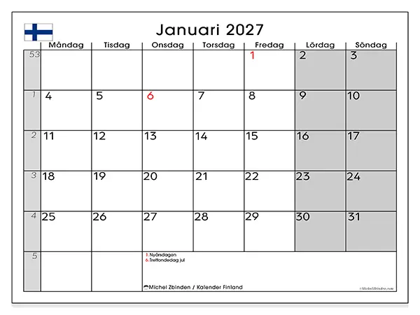 Januari 2027 månadskalender att skriva ut - Finland