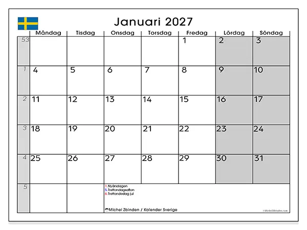 Januari 2027 månadskalender att skriva ut - Sverige