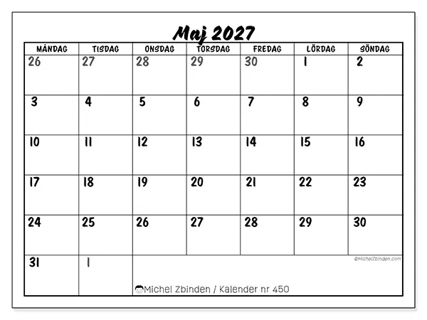 Maj 2027 månadskalender att skriva ut - Detaljerad organisering