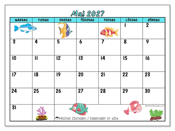 Maj 2027 månadskalender att skriva ut - Färgglada fiskar