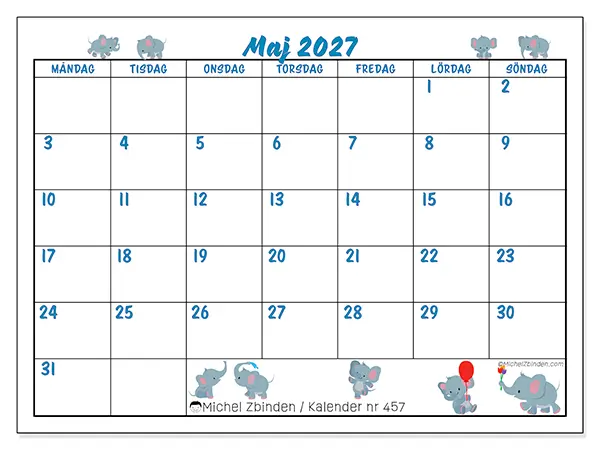 Maj 2027 månadskalender att skriva ut - Små elefanter