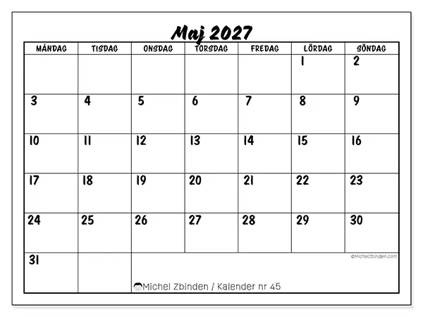 Maj 2027 månadskalender att skriva ut - Skolframgång