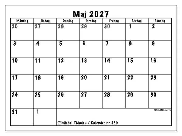 Maj 2027 månadskalender att skriva ut - Fullständig planering