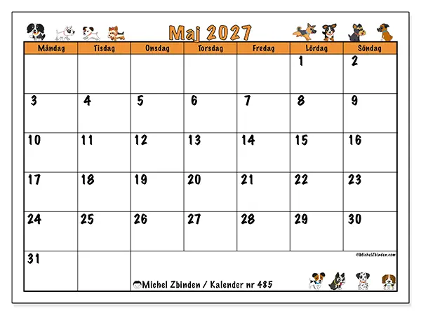 Maj 2027 månadskalender att skriva ut - Hundar