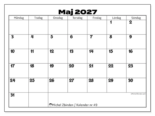 Maj 2027 månadskalender att skriva ut - Samordning för arbete