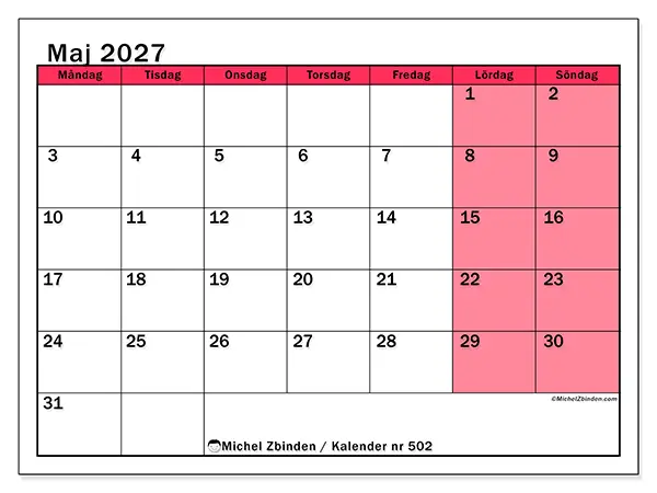 Maj 2027 månadskalender att skriva ut - Ljus organisering