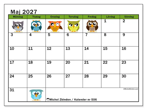 Maj 2027 månadskalender att skriva ut - Ugglor