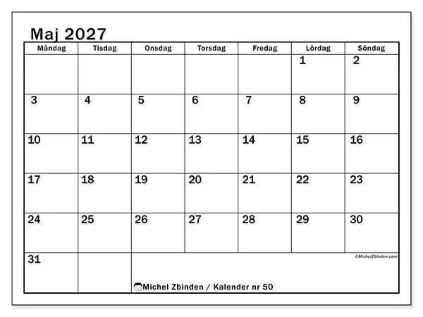 Maj 2027 månadskalender att skriva ut - Tydlig månadsplanering