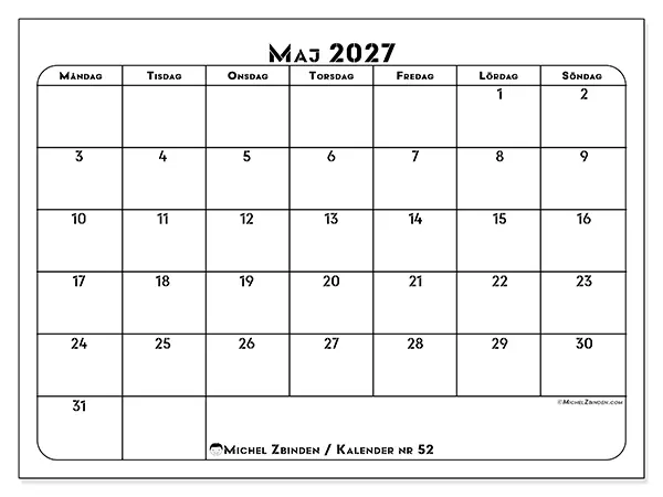 Maj 2027 månadskalender att skriva ut - Professionell organisering