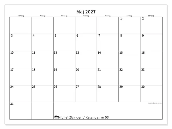 Maj 2027 månadskalender att skriva ut - Tydligt schema
