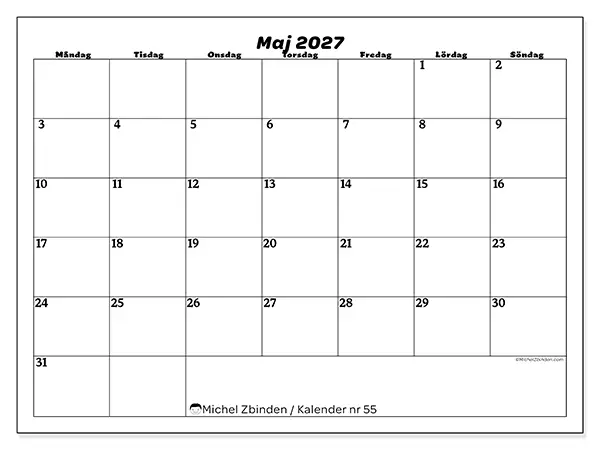 Maj 2027 månadskalender att skriva ut - Organisering av fritid