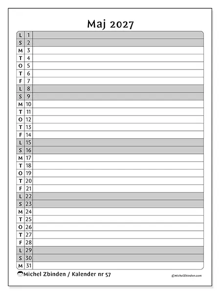 Maj 2027 månadskalender att skriva ut - Aktivitetslista
