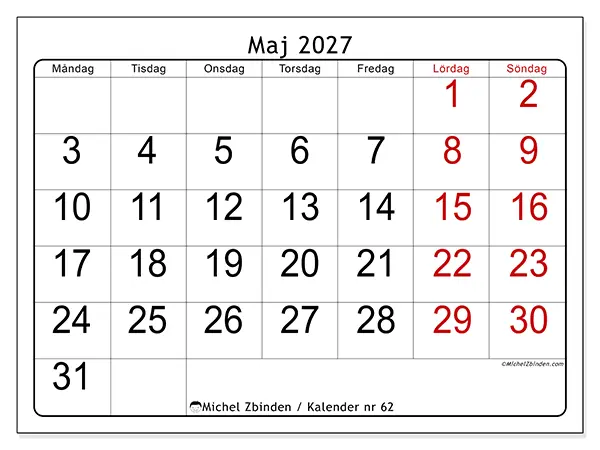 Maj 2027 månadskalender att skriva ut - Snabb översikt