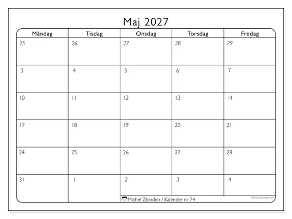 Maj 2027 månadskalender att skriva ut - Arbetsorganisering