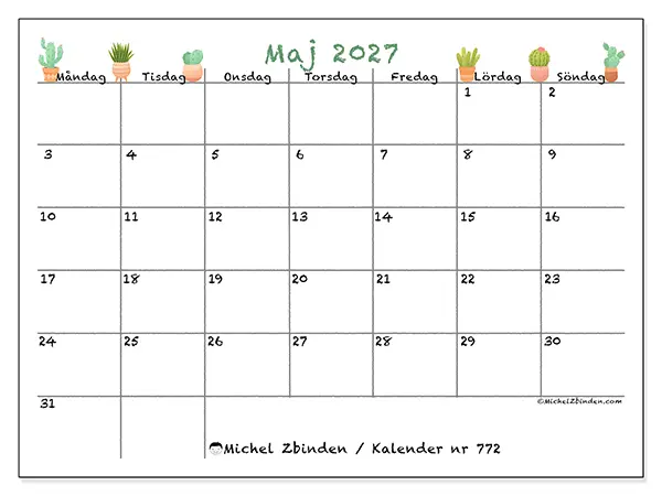 Maj 2027 månadskalender att skriva ut - Dekorativa kaktusar
