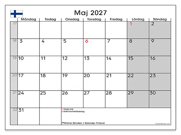 Maj 2027 månadskalender att skriva ut - Finland