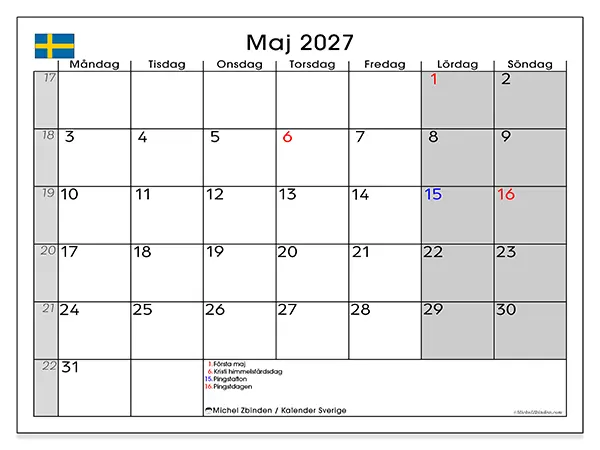 Maj 2027 månadskalender att skriva ut - Sverige