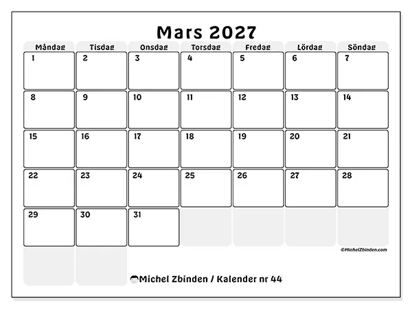 Mars 2027 månadskalender att skriva ut - Strukturerad planering