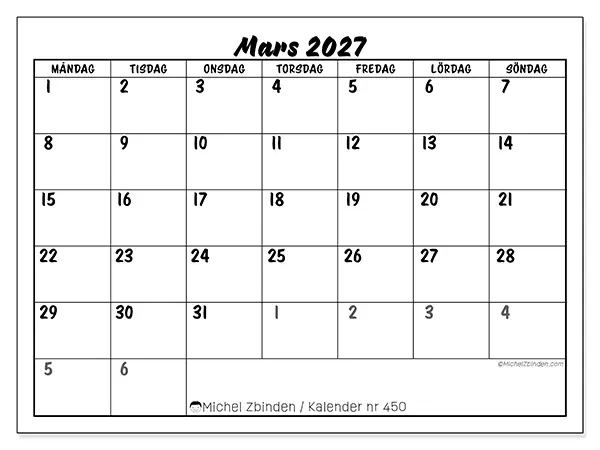 Mars 2027 månadskalender att skriva ut - Detaljerad organisering