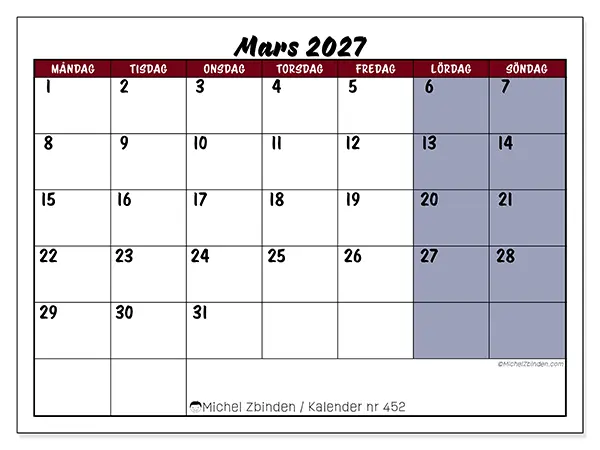 Mars 2027 månadskalender att skriva ut - Uppgifter i färg