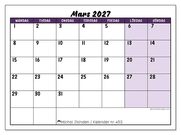 Mars 2027 månadskalender att skriva ut - Färgglada uppgifter