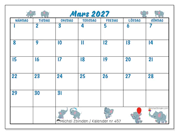 Mars 2027 månadskalender att skriva ut - Små elefanter