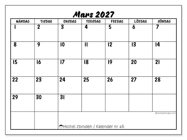 Mars 2027 månadskalender att skriva ut - Skolframgång