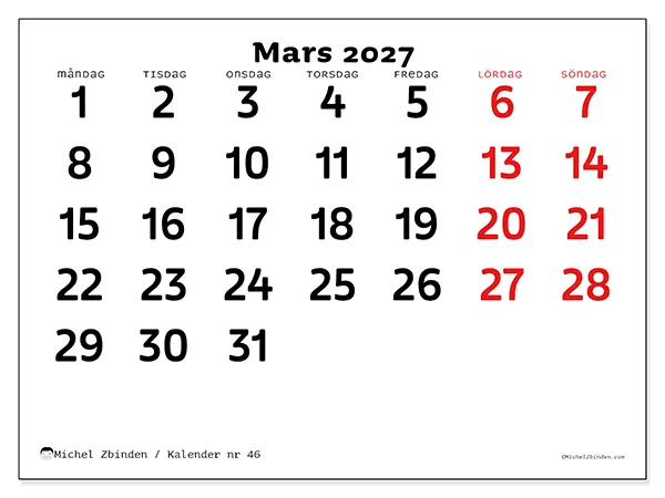 Mars 2027 månadskalender att skriva ut - Klar översikt