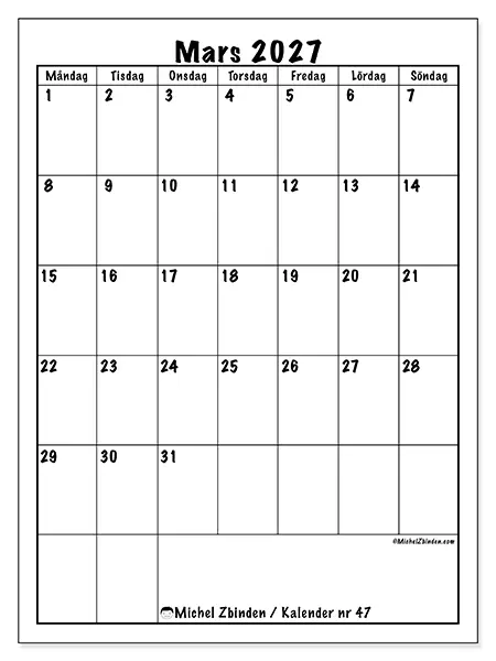Mars 2027 månadskalender att skriva ut - Tydlig planering